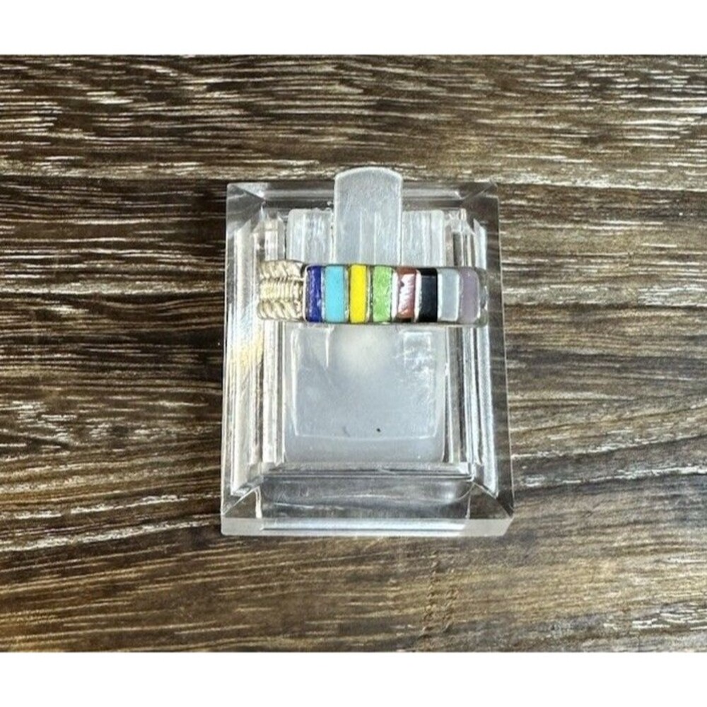 Native American Zuni Sterling Silver Multistone Inlay Band Ring 6.75 Signed OL